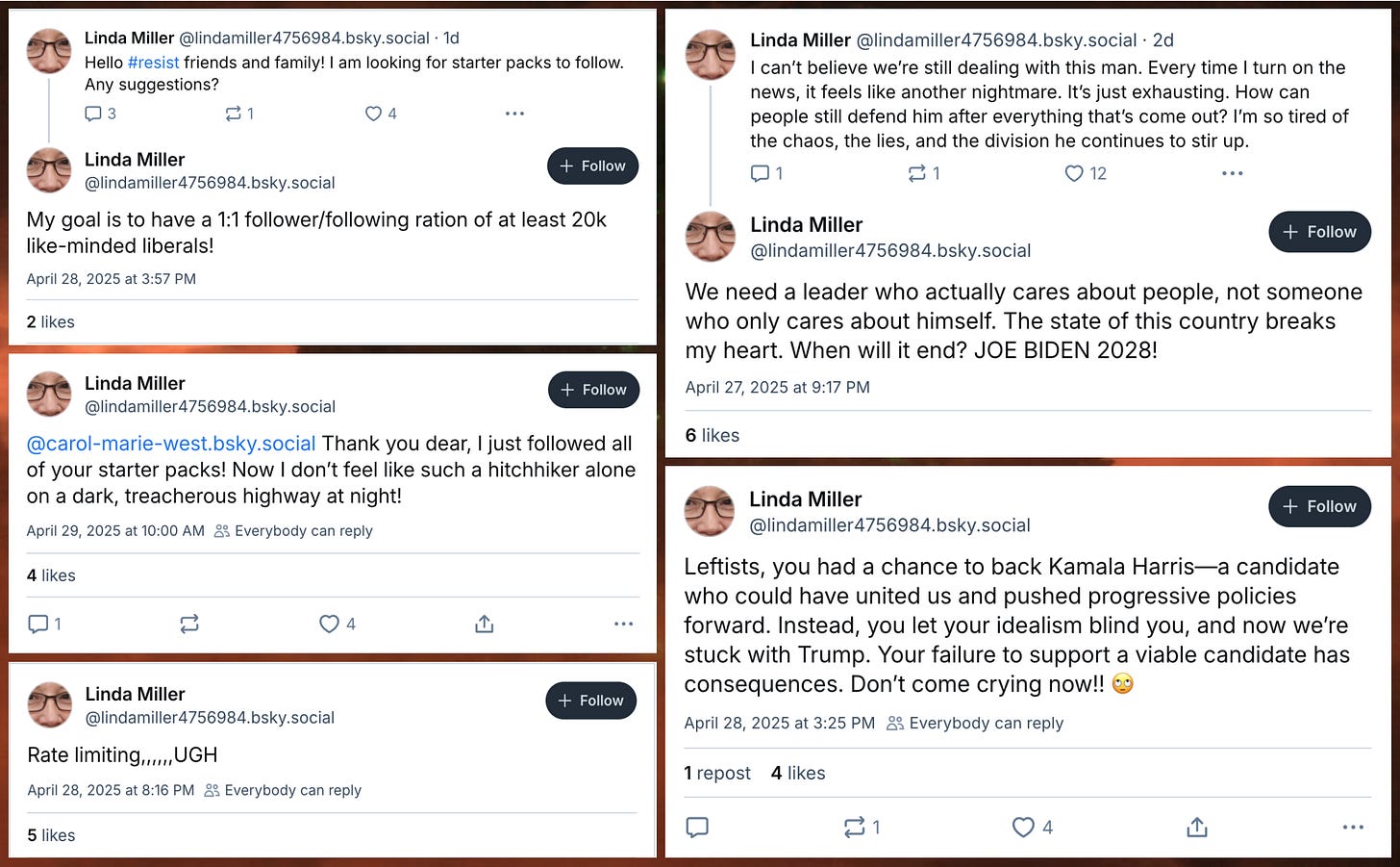 collage of five lindamiller4756984.bsky.social posts:"  "Hello #resist friends and family! I am looking for starter packs to follow. Any suggestions? My goal is to have a 1:1 follower/following ration of at least 20k like-minded liberals!"  "@carol-marie-west.bsky.social Thank you dear, I just followed all of your starter packs! Now I don't feel like such a hitchhiker along on a dark, treacherous highway at night!"  "Rate limiting,,,,,,UGH"  "We need a leader who actually cares about people, not someone who only cares about himself. The state of this country breaks my heart. When will it end? JOE BIDEN 2028!"  "Leftists, you had a chance to back Kamala Harris-a candidate who could have united us and pushed progressive policies forward. Instead, you let your idealism blind you, and now we're stuck with Trump. Your failure to support a viable candidate has consequences. Don't come crying now!!"