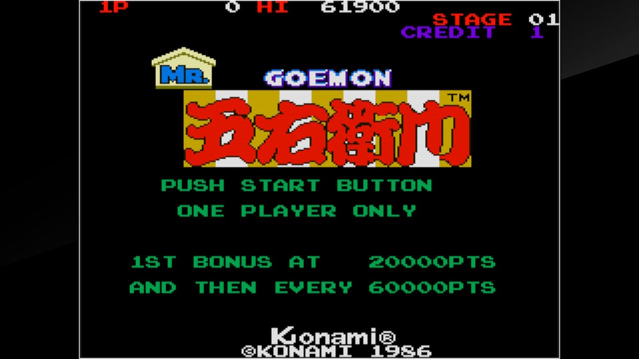 A screenshot of the title screen for the arcade game Mr. Goemon. The background is black, with "Mr." contained within a tiny house, and Goemon next to it. There is also a Japanese logo underneath. The rest is standard "Push Start Button," copyright, and high score information typical of an arcade title of the time.