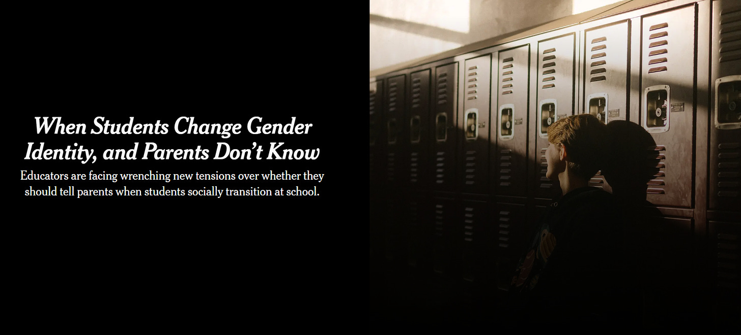 A New York Times header for the story "When Students CHange Gender Identity, and Parents Don't Know"