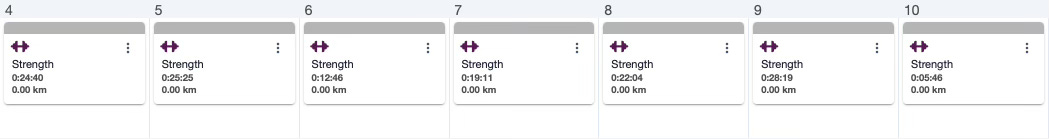 Screenshot of the author's training log showing 7 days strength training in a row