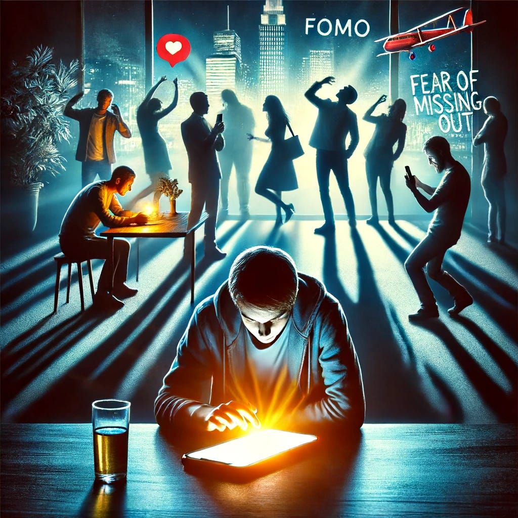 A striking image representing the concept of FOMO (Fear Of Missing Out). The scene should depict a person looking at a glowing phone screen, surrounded by shadows of other people enjoying various activities like socializing, travelling, and partying. The background should be dark and blurry to emphasize the glowing phone and the shadows, creating a sense of isolation and longing. The overall mood should be evocative, highlighting the emotional impact and anxiety associated with FOMO.