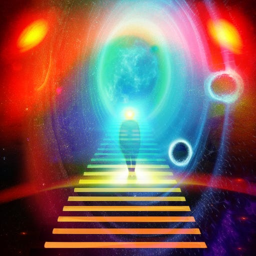 colourful image of a humanoid shape walking up a glowing, cosmic staricase, with a blue portal in front of them, and circular swirls of red, blue, turqoise and yellow little sparks all around