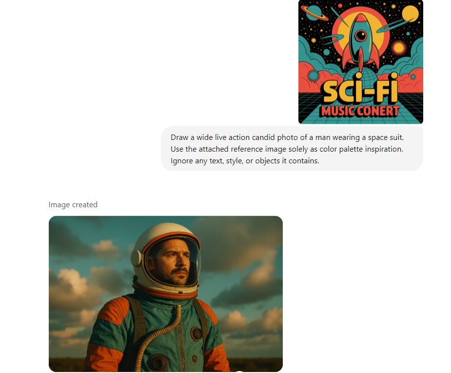 Draw a wide live action candid photo of a man wearing a space suit. Use the attached reference image solely as color palette inspiration. Ignore any text, style, or objects it contains.