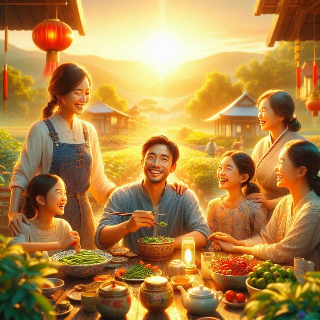 depict a vibrant beautiful radiant scene representing happy optimistic hard working productive family oriented chinese people in a lush green environment, hyperrealistic, very realistic, very very realistic, very highly detailed, very detailed faces, real world, HD Quality, 8k resolution, intricate details, incredibly detailed, crisp focus, cinematic light, digital art, depth of field, Canon EOS R camera with a 50mm f/1.8 lens, f/2.2 aperture, shutter speed