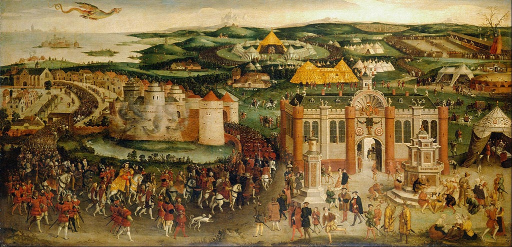 A meeting of King Henry VIII and King Francis I in France in 1520 at Val d'Or near Calais, France. The left side of the painting shows the English party; the right side shows the French party. The right foreground of the painting shows a magnificently constructed castle built specifically for this occasion. Festivities abound throughout the painting. The meeting of Henry and Francis is depicted in a rich tent in the center background.