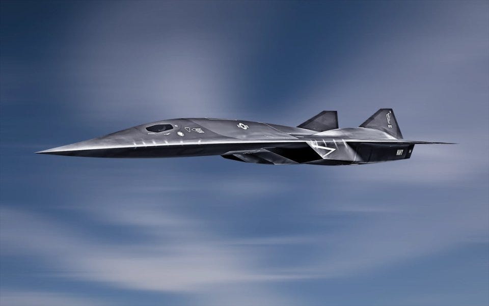 Illustration of the Lockheed Martin SR-72 hypersonic spy plane in flight.