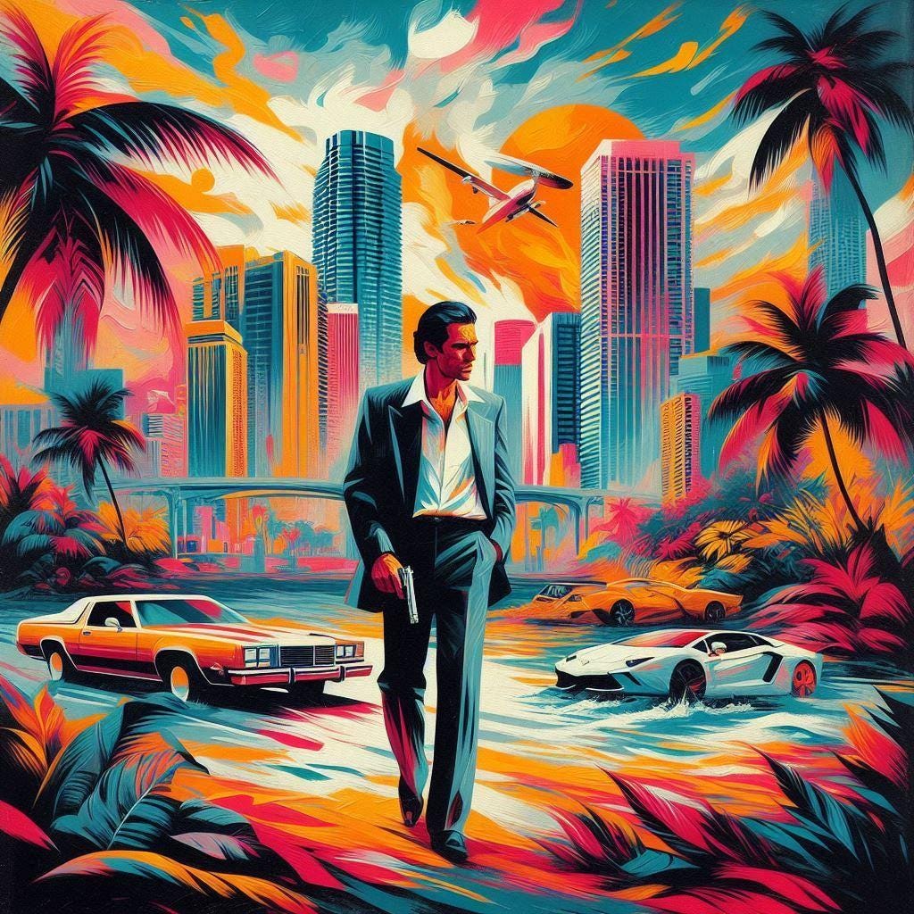 Vibrant AI generated image featuring Miami Vice motifs