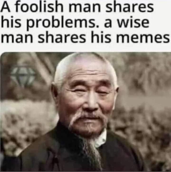 May be an image of 1 person and text that says 'A foolish man shares his problems. a wise man shares his memes'