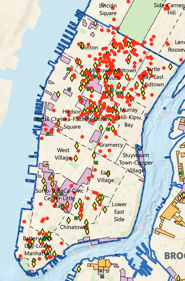 Map of registered hotels in lower Manhattan