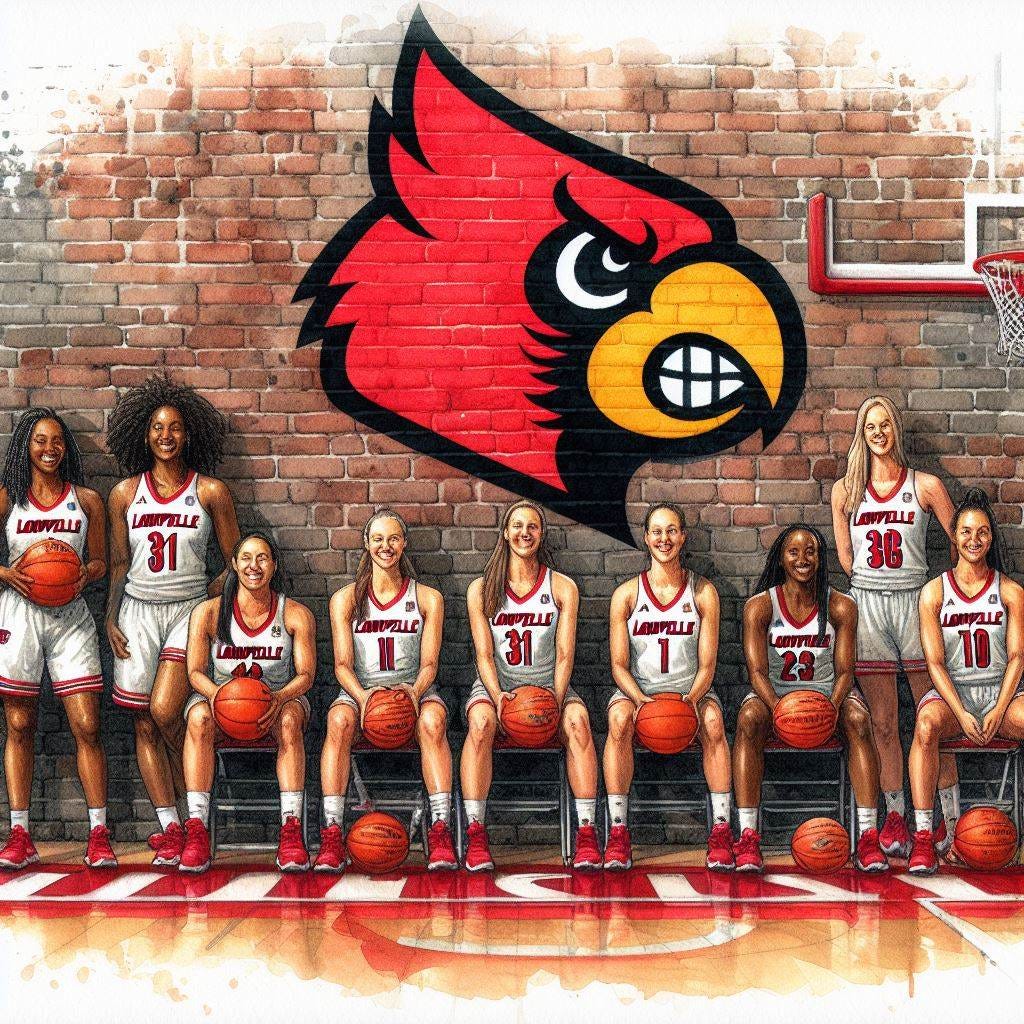 The Louisville women's basketball team in front of a brick wall with the Louisville logo on it, watercolor