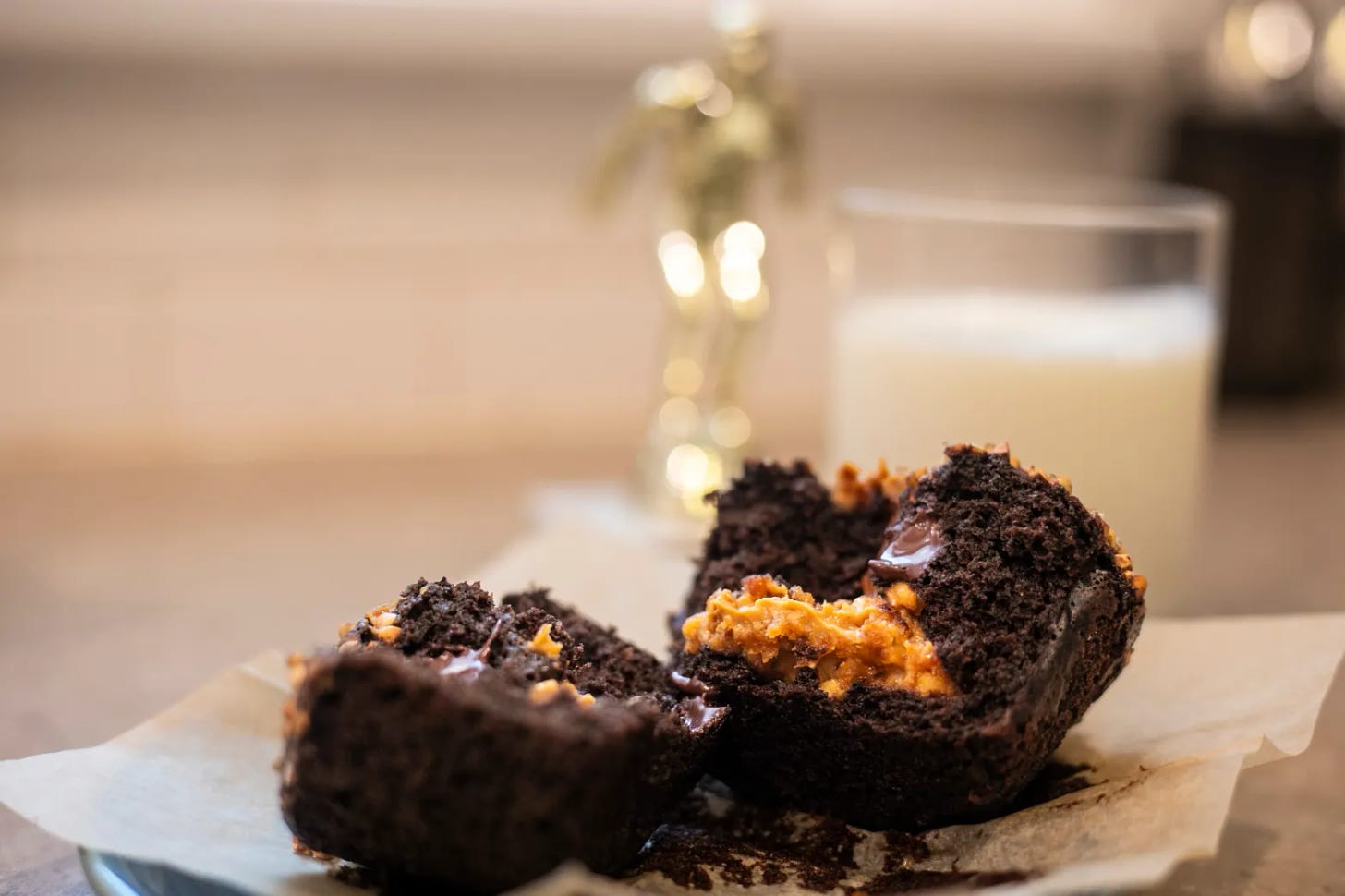 A gold medal chocolate muffin stuffed with peanut butter is ready alongside a glass of milk on Aug. 29, 2024, in Chicago.