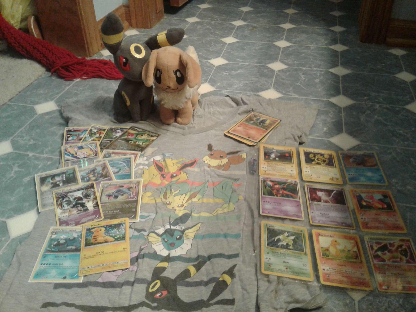 A photo of CelestialBlaziken's Pokémon cards, plush toys and a shirt