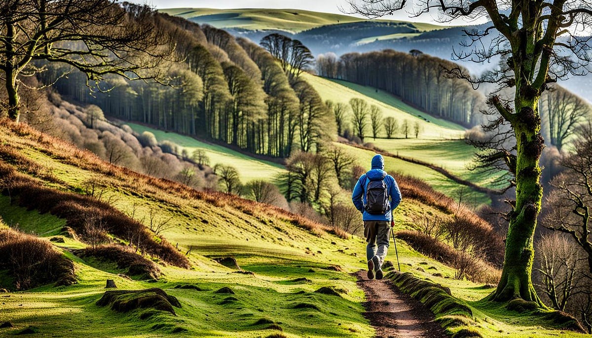 lone hill walker on mountain path