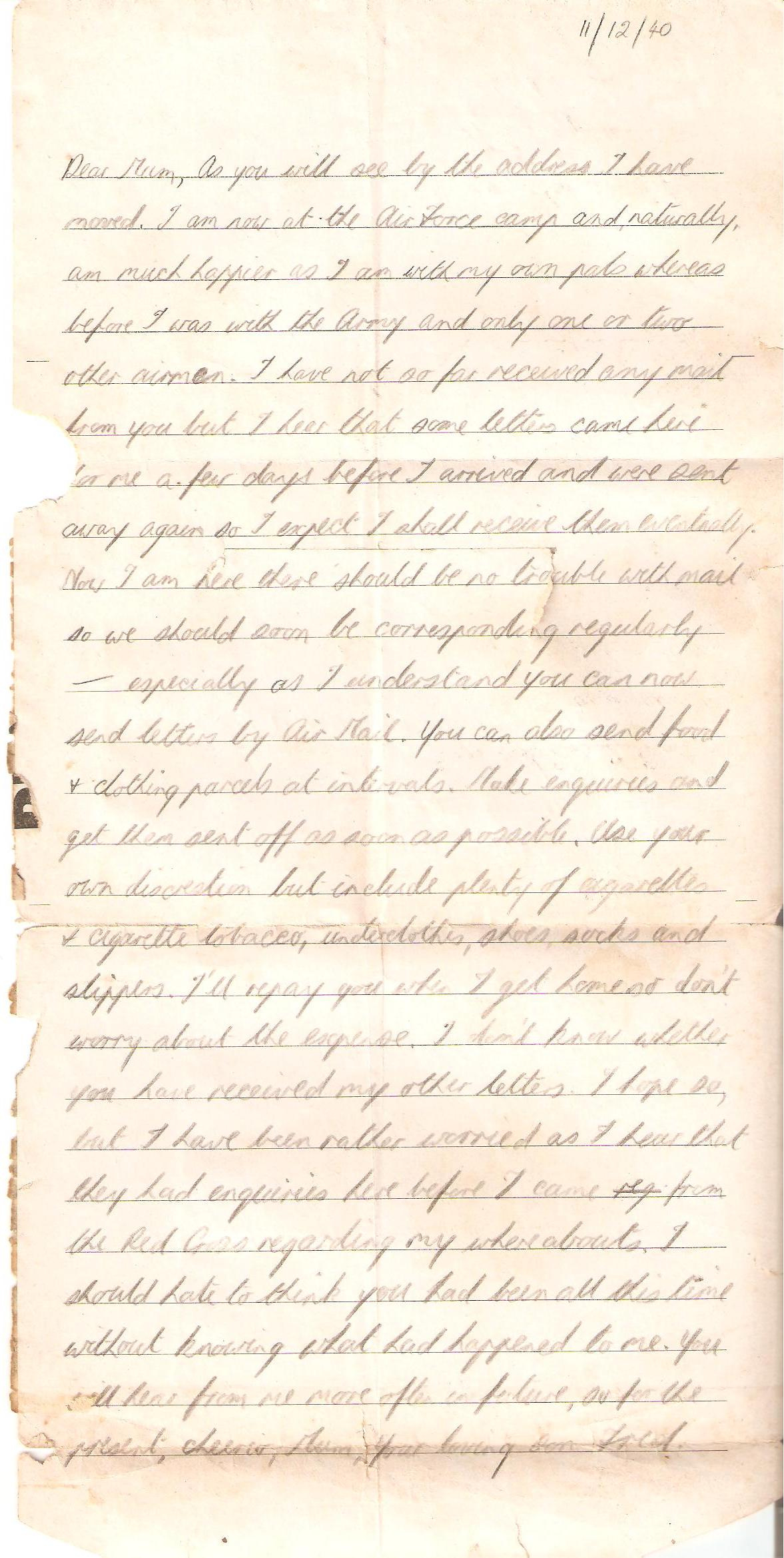 A scan of Fred's letter written in pencil that is transcribed in text below it.