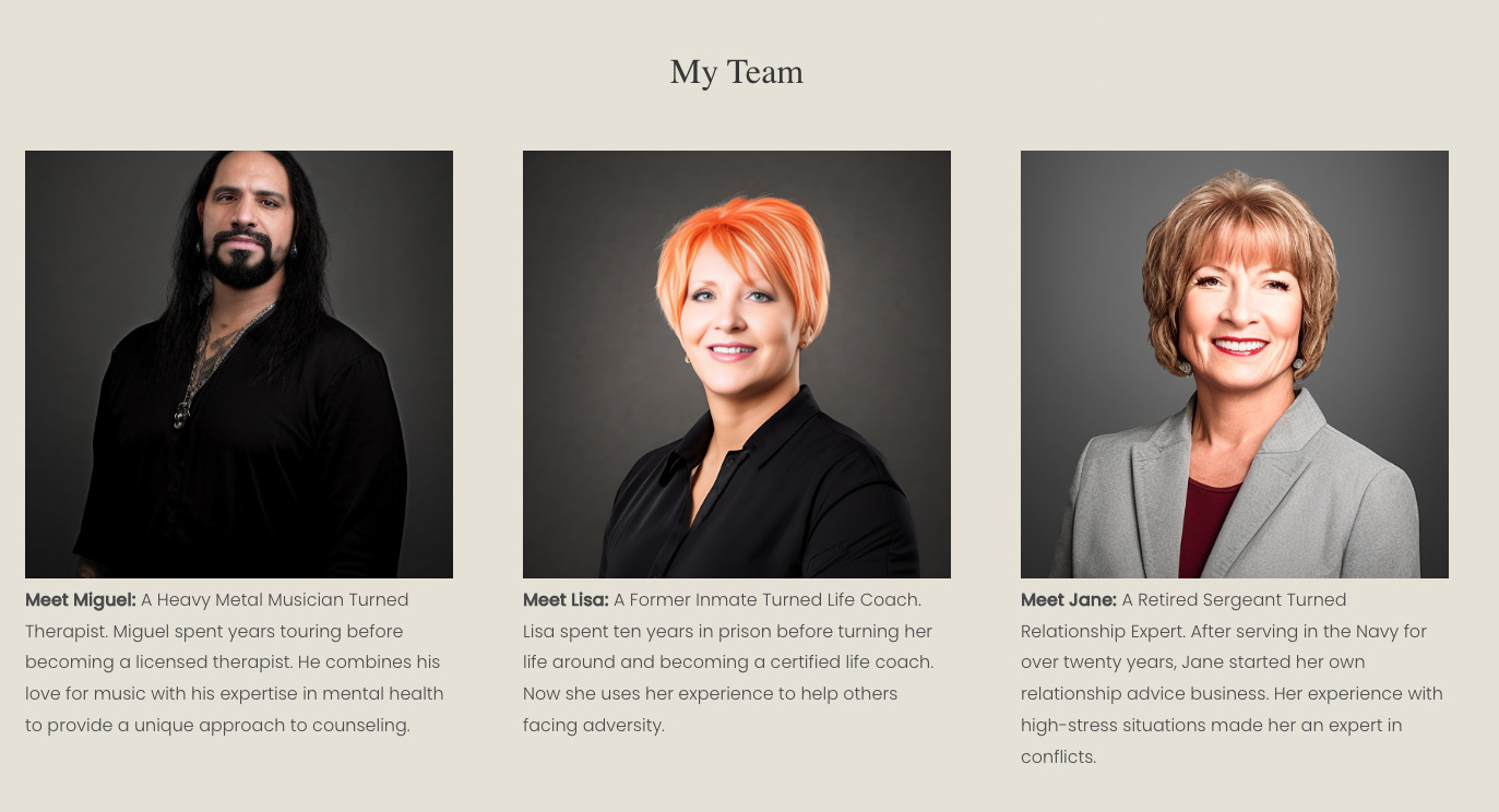 The My Team section of the website with images of Gabrielle's team members