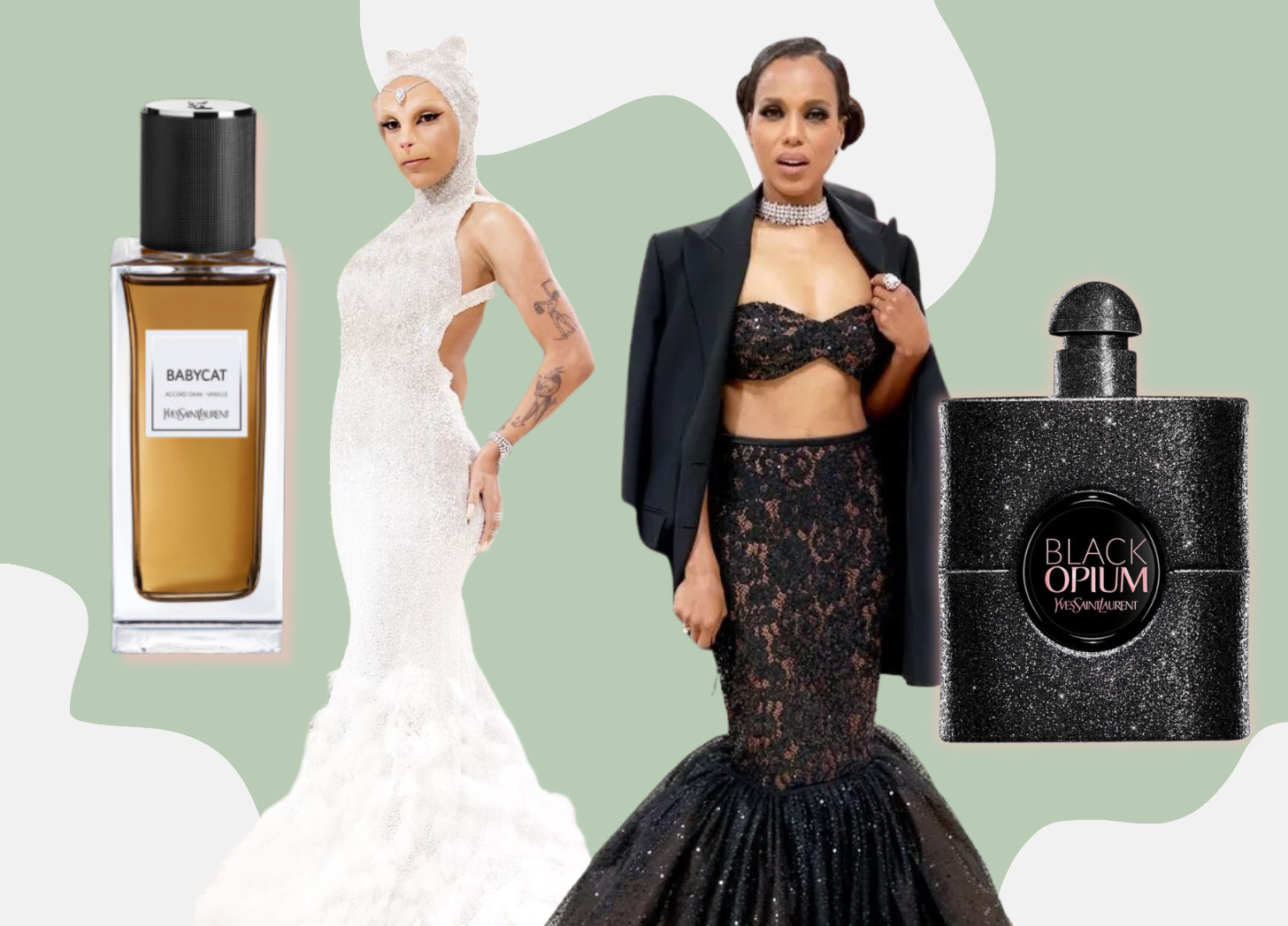 Doja Cat and Kerry Washington at the Met Gala next to YSL Babycat and YSL Black Opium Extreme perfumes.