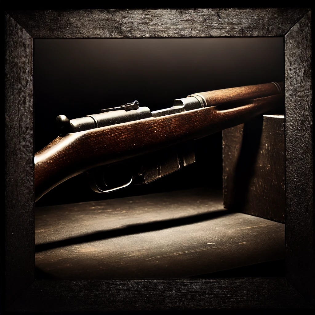 A visually captivating square image without any text. The scene should focus on a vintage rifle, prominently displayed against a dark, dramatic background. The rifle should appear worn, with visible scratches and signs of use, evoking a sense of history and intrigue. The lighting should highlight the details of the rifle, creating strong contrasts and deep shadows to emphasize its significance and mysterious past. The overall mood should be one of suspense and secrecy.