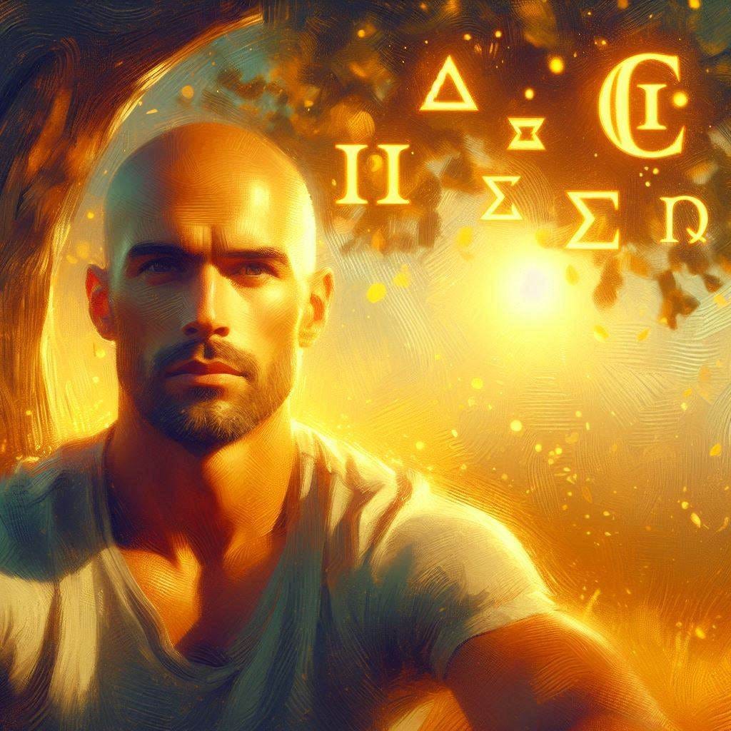 A handsome bald, clean-shaven man in his late thirties sits under a tree. The greek letters Gamma, Sigma, Lambda, and Delta float in the air around him. Golden glow. Slight impressionist style.