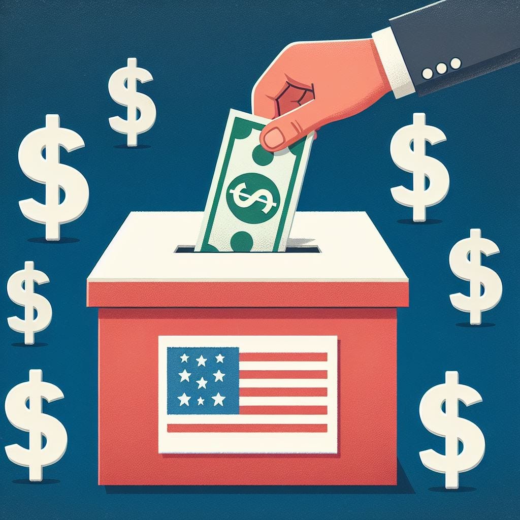 A ballot box with a slot on top, surrounded by dollar signs. A hand is seen depositing a dollar bill into the slot, symbolizing political donations.