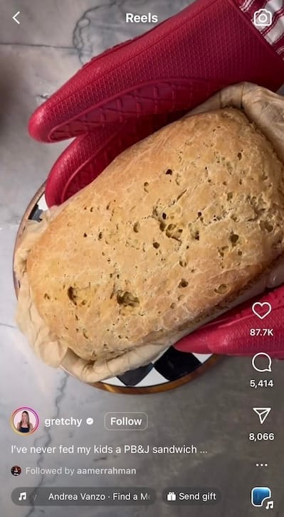 TikTok screenshot of a pair of hands in silicone gloves holding a pale loaf with an inexplicably perforated crust. It's captioned: "I've never fed my kids a PB&J sandwich... "