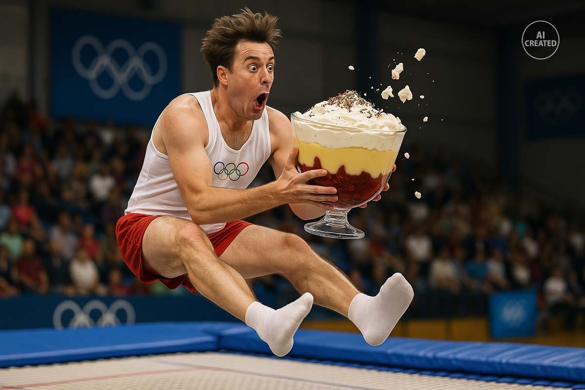 Trampolining with trifle (AI generated) image from 2025