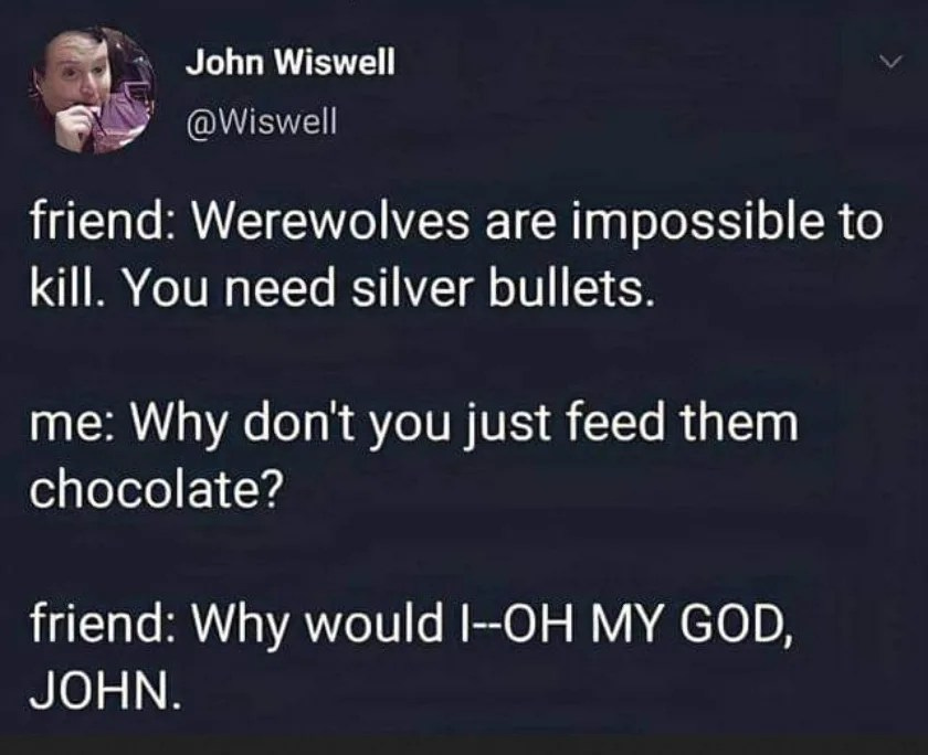 May be an image of 1 person and text that says 'John Wiswell @Wiswell friend: Werewolves are impossible to kill You need silver bullets. me: Why don't you just feed them chocolate? friend: Why would I--OH MY GOD, JOHN.'