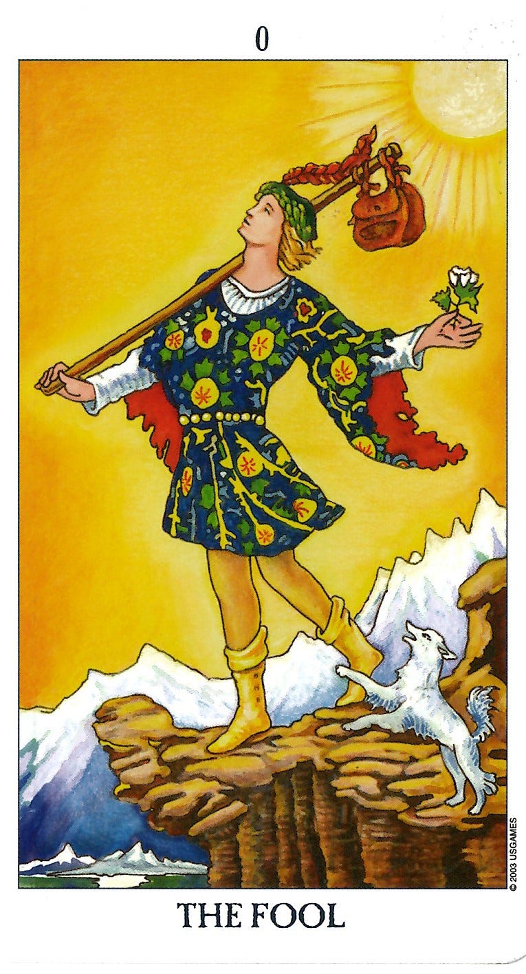 Picture of The Fool, card 0, in the Rider-Waite tarot deck