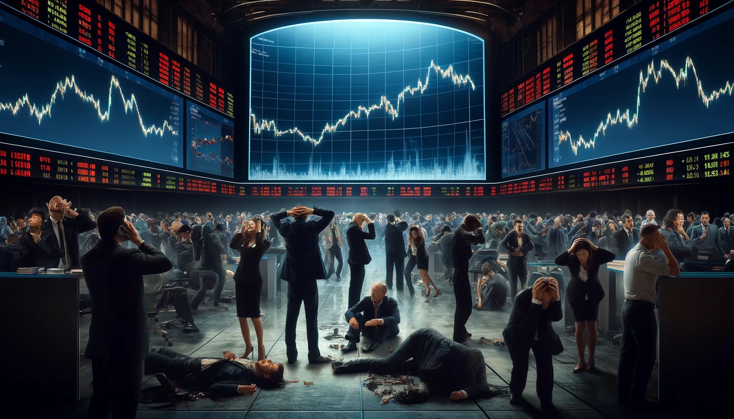 A dramatic scene in a stock exchange with traders and investors visibly distressed over a massive stock pullback. The backdrop shows large digital screens displaying plummeting stock charts, highlighting a slowdown in AI technology sectors. The room is crowded with diverse individuals in business attire, some holding their heads in despair, others frantically discussing among themselves. The atmosphere is tense and filled with anxiety, capturing the mood of fear and uncertainty in the market.