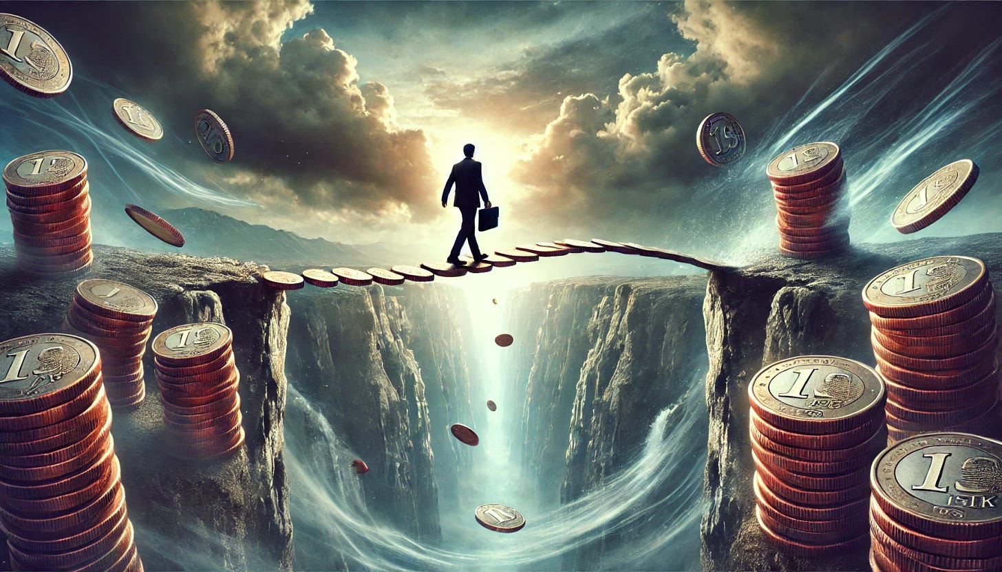 A conceptual image representing 'risk' in the context of finance and investing. The artwork features a precarious balance beam suspended over a deep canyon, with a person walking carefully across while carrying a briefcase. The beam is made of coins, symbolizing financial risk, and gusts of wind swirl around, representing market volatility. The background is a dramatic sky transitioning from stormy clouds to a hint of sunlight, symbolizing uncertainty and potential reward. The overall tone is tense yet hopeful.