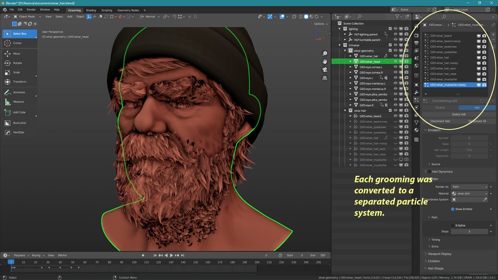 A hair particle system was created for each geometry nodes grooming.