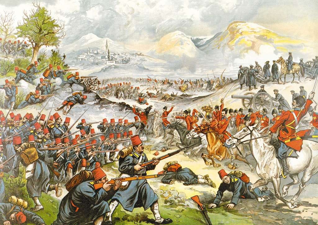 A colourful Russian propaganda painting of a battle. The Russians are attacking from the right and look heroic. The weather appears to be considerably better than experienced in real life.