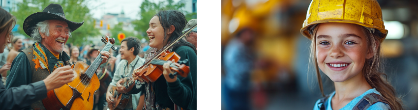 Two joyful scenes: the left shows a lively outdoor gathering with an elderly man playing guitar and a young woman playing violin, both smiling and surrounded by a cheerful crowd. The right features a close-up of a smiling young girl wearing a yellow construction helmet, suggesting a theme of youth and empowerment in a work environment.