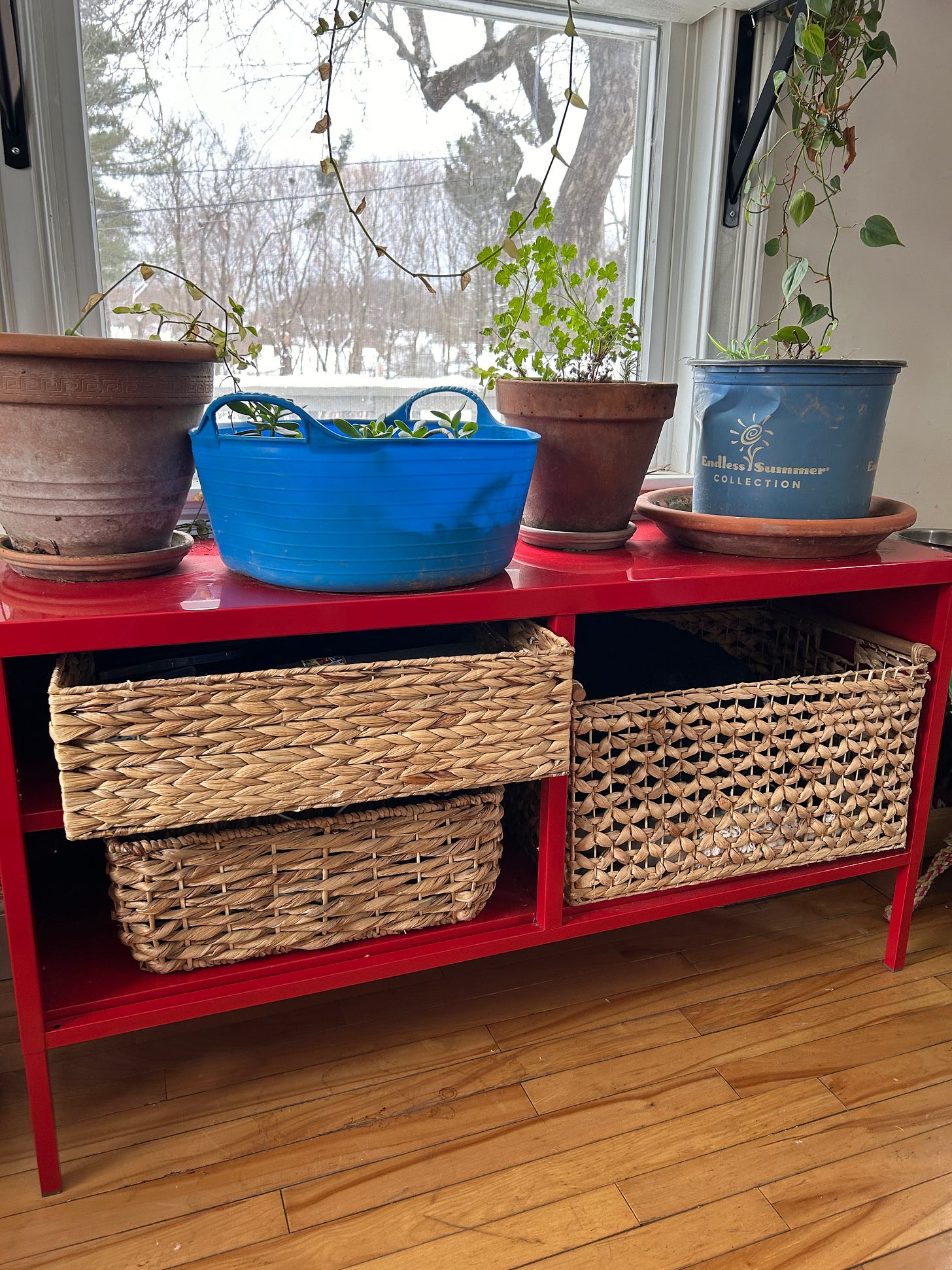 organize living room baskets