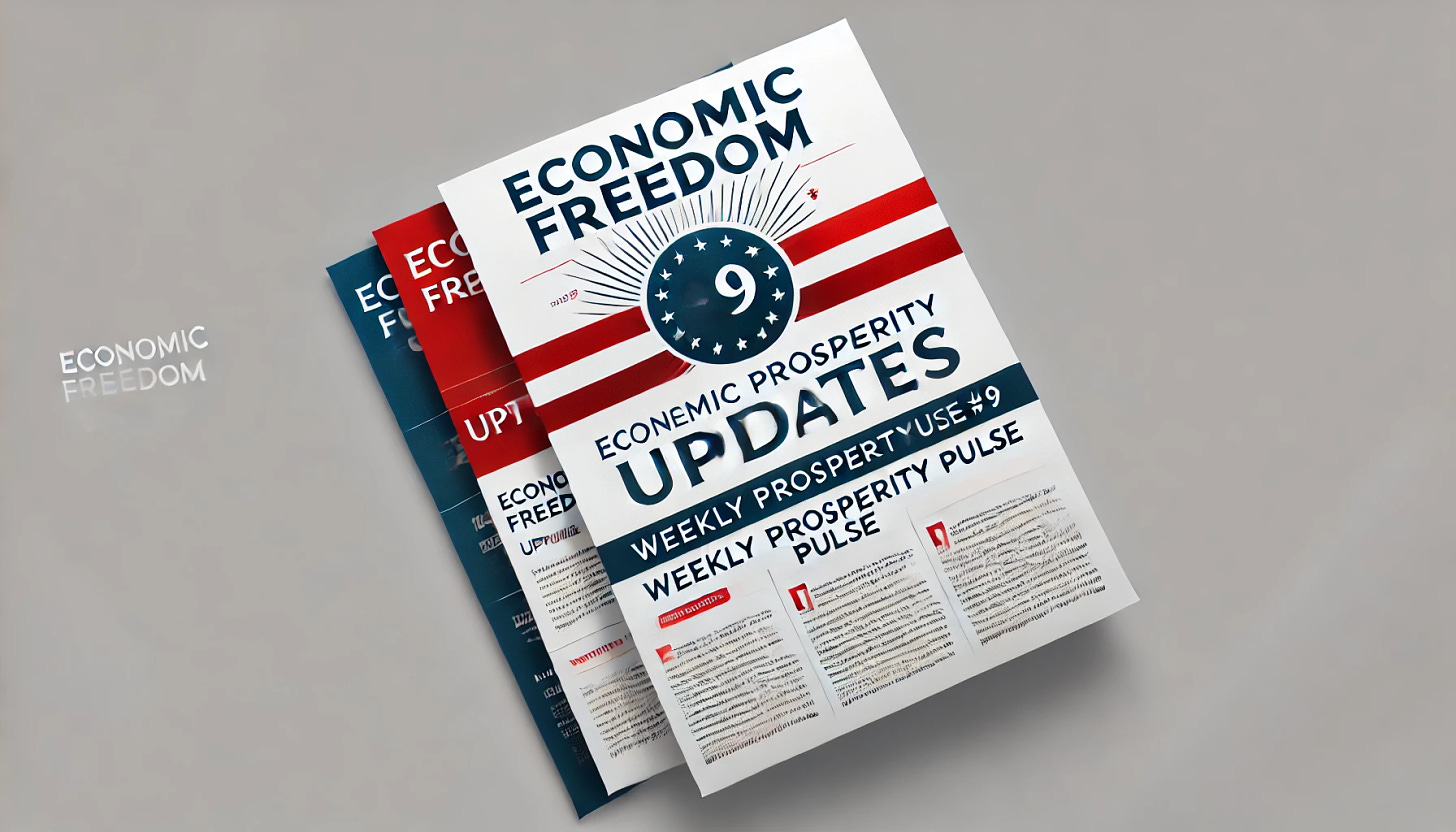 A clean, professional, and simple graphic in a landscape orientation, with a patriotic red, white, and blue color scheme. The title reads "Economic Freedom Updates" and the subtitle "Weekly Prosperity Pulse #9" in clear, easy-to-read text. The design is minimalist, with no extra text or complex elements, allowing for a professional look suitable for a newsletter header.