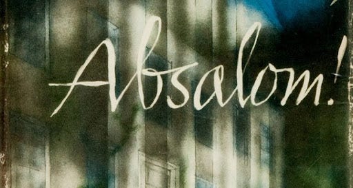 The name Absalom on the background of a blurry building, cropped from the cover of a Faulkner novel.