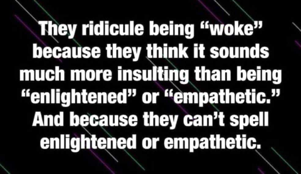 They ridicule being "woke" because they think it sounds much more insulting than "enlightened" or "empathetic." And because they can't spell enlightened or empathetic.