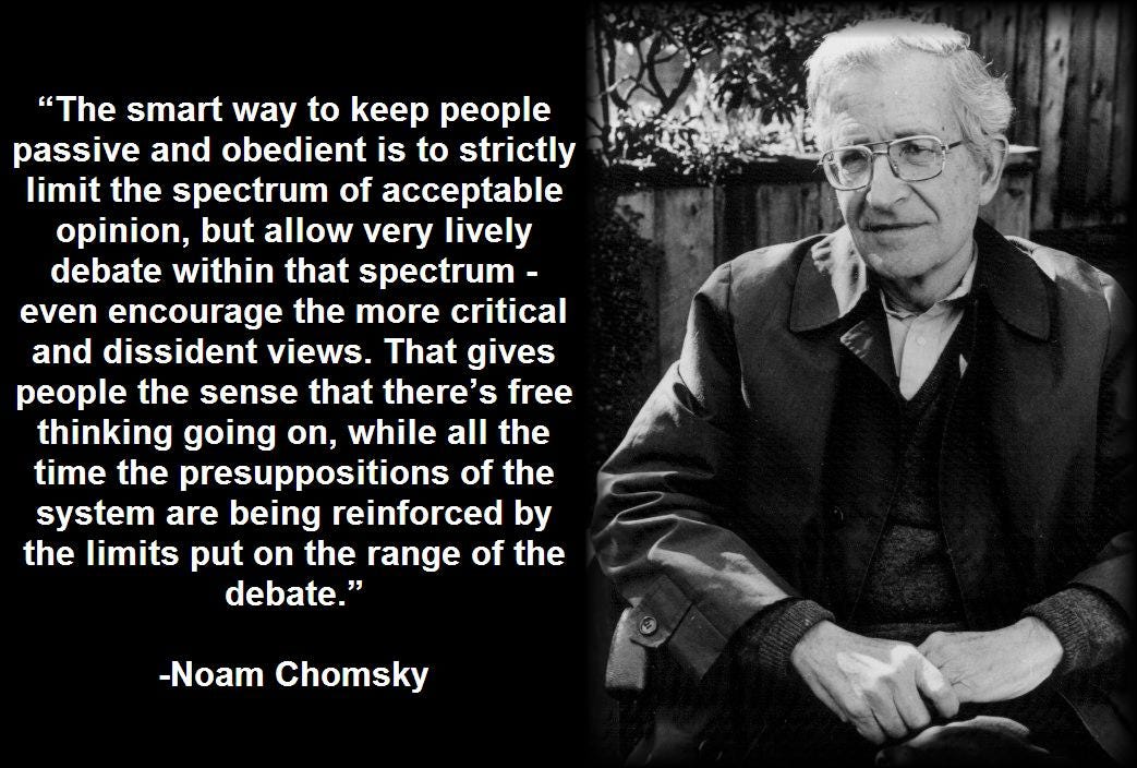 The smart way to keep people passive and obedient is to strictly limit the  spectrum of acceptable opinion, but allow very lively debate within that  spectrum - even encourage the more critical