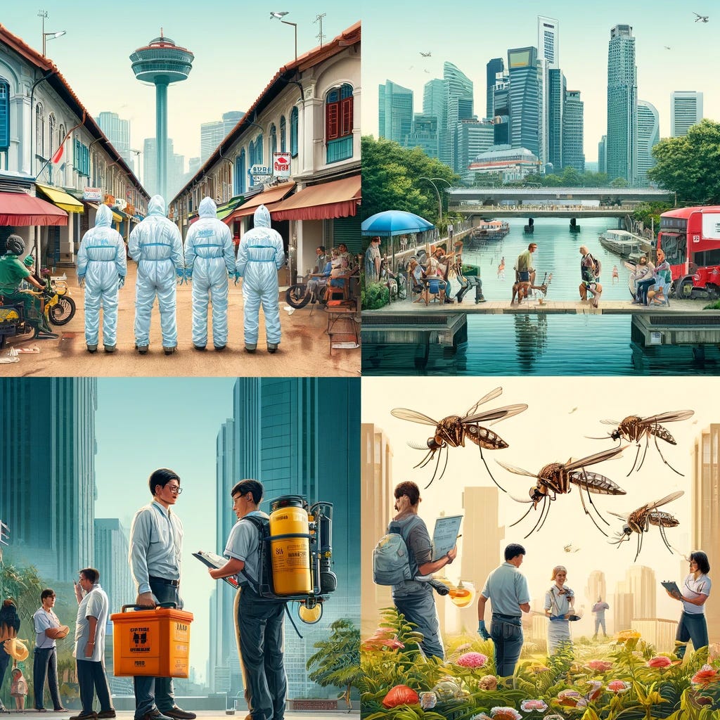 A busy urban scene in Singapore showing public health workers in hazmat suits inspecting for standing water and issuing fines. Nearby, a team equipped with insecticide sprayers is actively deploying sprays. The setting includes typical Singaporean architecture with skyscrapers in the background. Additionally, depict another area where scientists are releasing mosquitoes infected with Wolbachia bacteria into the environment, demonstrating a high-tech approach to combating dengue. Include diverse personnel involved in both activities, showcasing a blend of traditional and innovative methods.