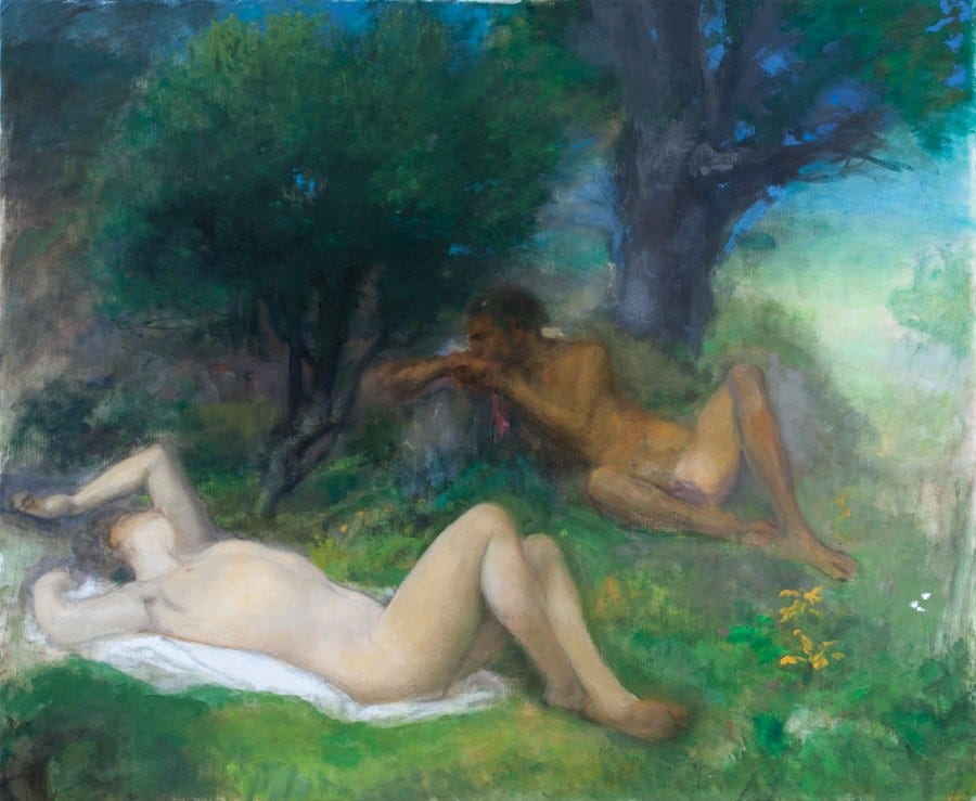 A painting of a nude woman languidly stretched unconscious on a swath of fabric in the grass; looming just beyond to regard her, is a nude goat-like man splayed lurking from among trees, elbow bent supported by a rock, hand curled by his mouth. 