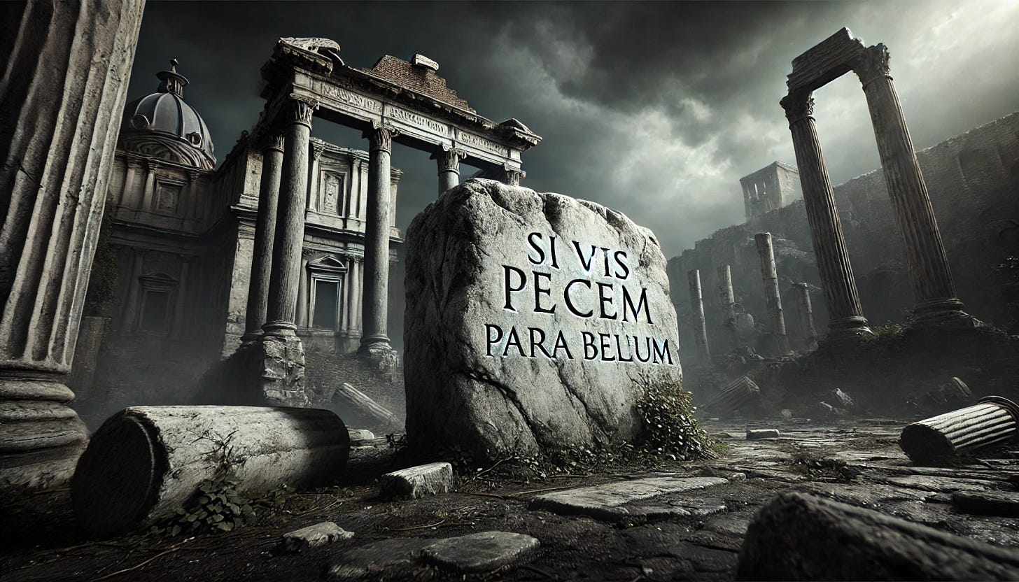 A dramatic scene depicting an ancient marble block amidst Roman ruins. The setting is dark, gloomy, and desperate, with stormy skies casting shadows over the crumbled architecture. The marble block is prominently displayed in the foreground, inscribed with the Latin phrase 'SI VIS PACEM PARA BELLUM' in weathered yet legible lettering. Surrounding the block are remnants of fallen columns and overgrown vegetation, enhancing the desolation of the scene. The overall atmosphere evokes a sense of foreboding and historic gravitas. The image is rendered in a cinematic 16:9 format.