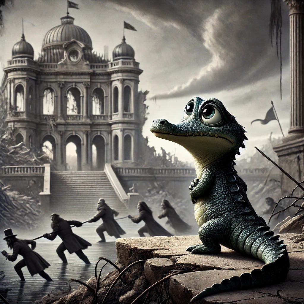 A small, anthropomorphic gator named Croaky stands on the rubble of a crumbling palace, symbolizing the fall of a regime. Croaky looks contemplative and determined, with shadowy, indistinct figures in the background pulling at the remnants of the palace, representing competing groups and foreign powers. The sky is stormy and chaotic, with swirling clouds to signify instability and uncertainty. The scene is reflective and somber, with subtle hints of hope, styled in a Pixar-Disney animation aesthetic.