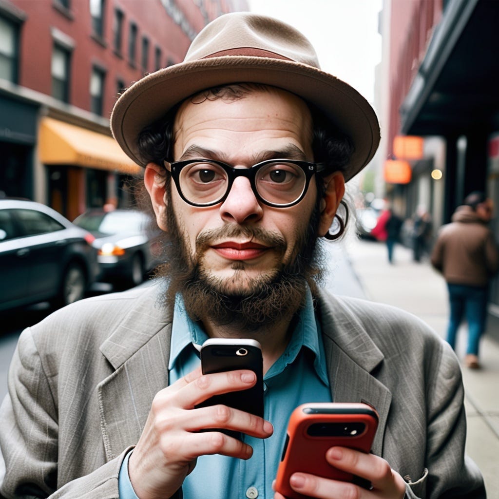 A young Allen Ginsberg in a gray suit and a hipster fedora, making nervous eye contact with the camera while he holds a smartphone in each hand