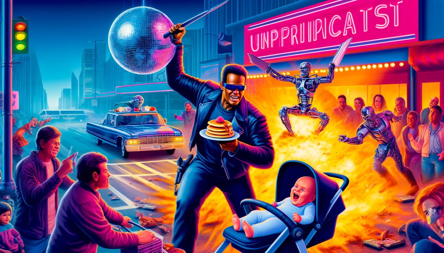 The Terminator in a dynamic action scene, saving a baby stroller from traffic with one hand while holding a plate of pancakes in the other, and a disco ball smashing a rival Terminator in a nightclub. The scene is lively and colorful, showcasing the Terminator's unpredictability and hyper-focus. The background includes a neon diner sign and a crowd of amazed onlookers.