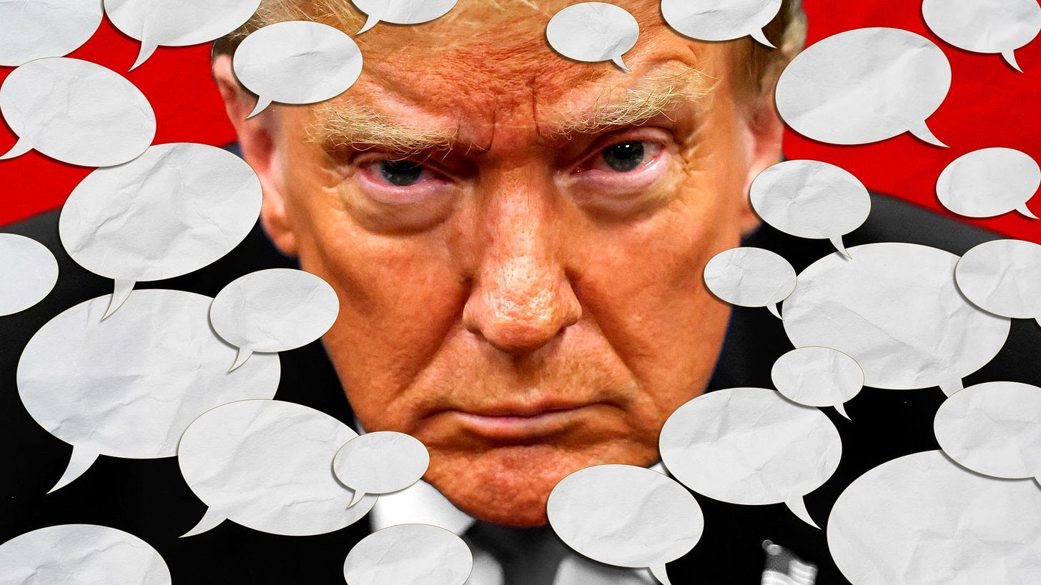 Photo illustration of former President Donald Trump surrounded by speech bubbles in varying sizes