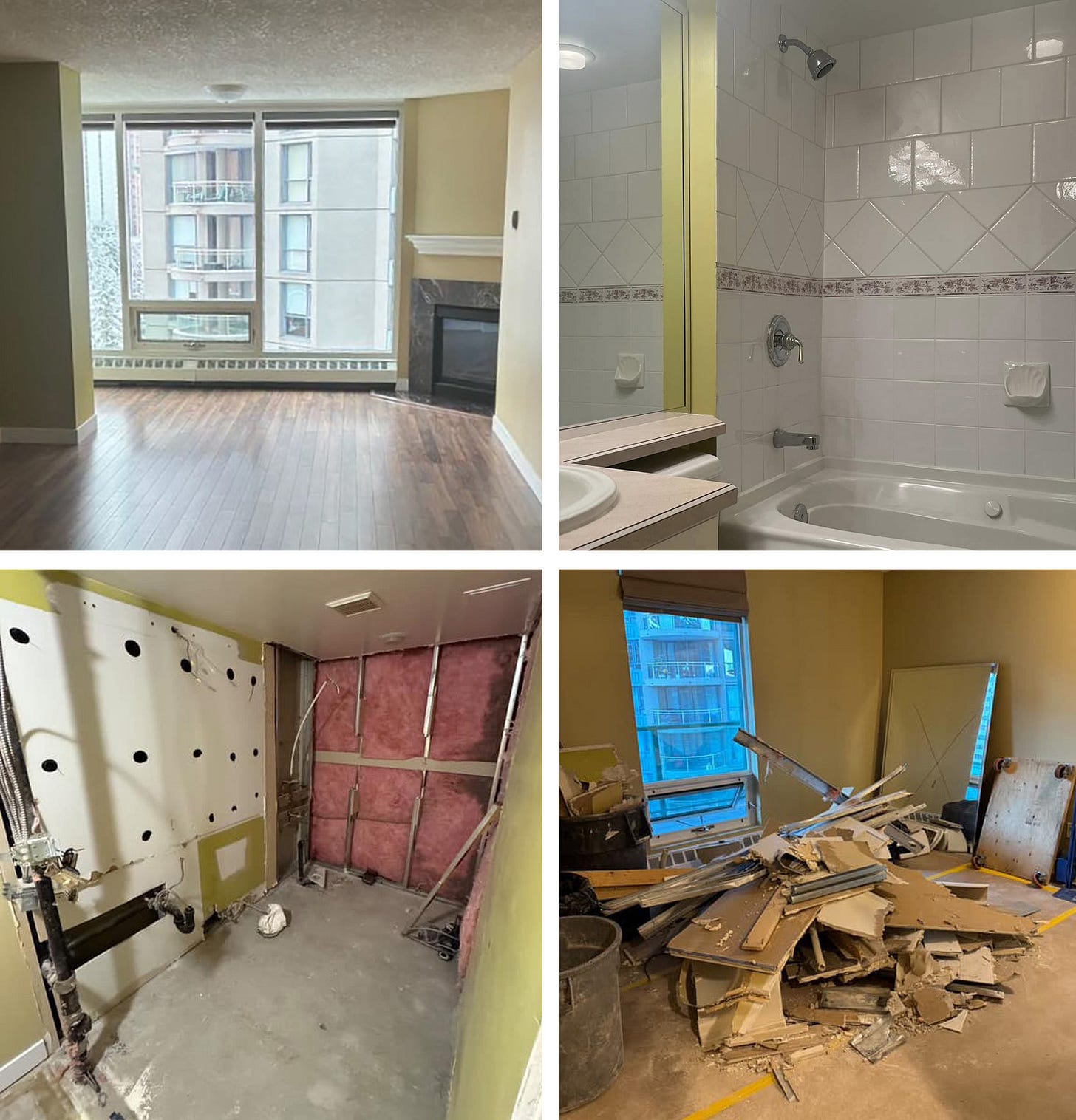 Collage of four photos showing the new suite prior to being renovated and after the old bathroom has been demolished.