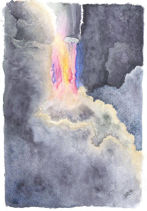 A watercolor painting of the Starship test launch, showing the exhaust clouds billowing around the engines and multi-colored flames of the Super Heavy booster.