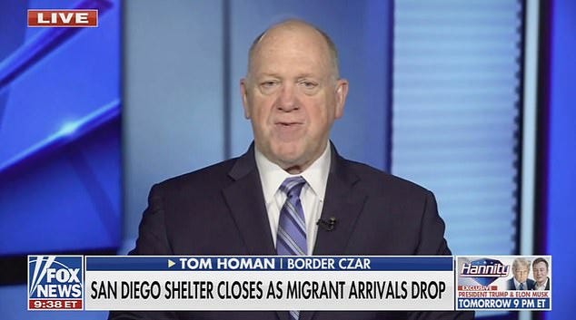 'Border Czar' Tom Homan posted to X on Monday that in the past 24 hours, US Border Patrol only encountered 229 migrants attempting to cross into the United States - down from a high water mark of 11,000 a day during the Biden years