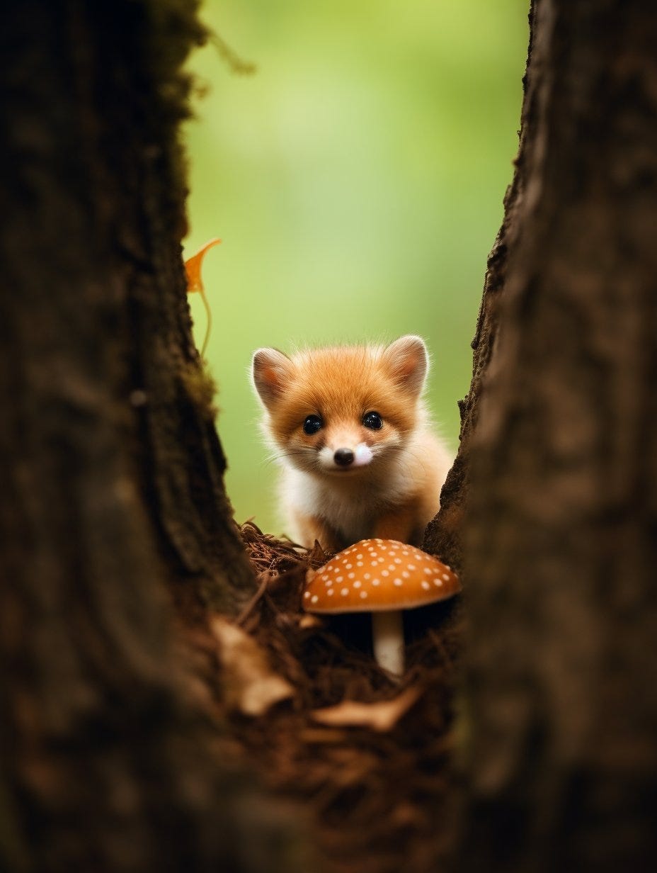 macro photo of the tiniest cutest fox sitting under a big mushroom, award winning photography, shallow depth of field --ar 3:4