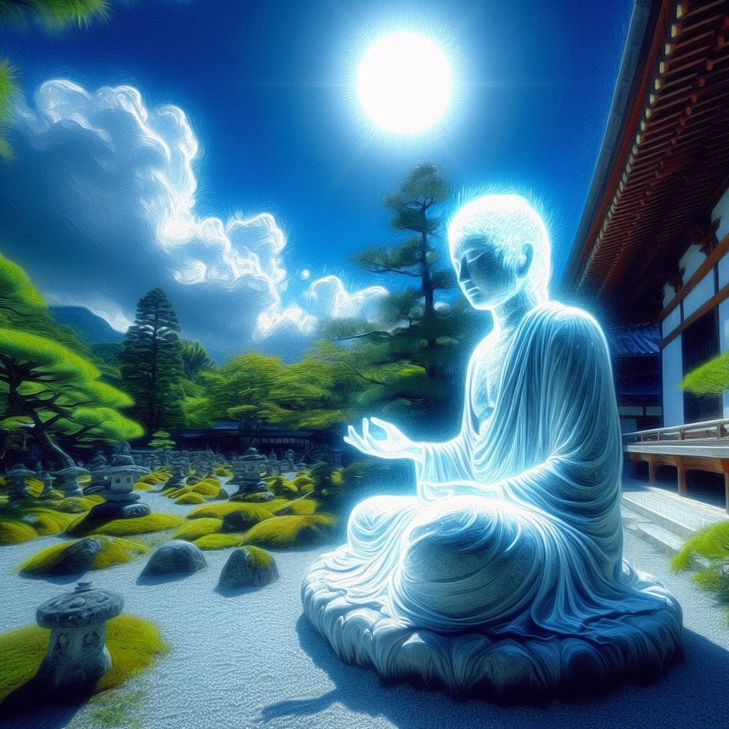 hyper realistic; tilt shift /oil painting; supernatural being sitting in Ryoan-ji Temple Garden (Kyoto, Japan). Zen rock garden known for its tranquility. the being beckons toward the camera. The light of the being is a see through white-blue-green in aura. There are dark blue sillouhetts of trees in the background. There is a white glowing moon in fluffy cloud sunny day. the moon is glowing brilliantly. There are a couple of far away birds. vast distance. Chunky oil painting
