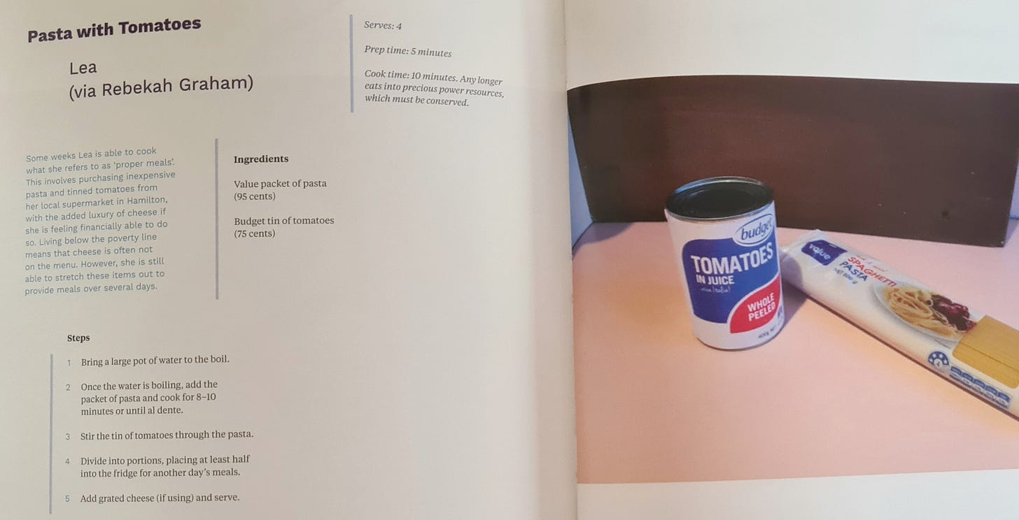 Photo of pages 186-187 from ‘Kai and culture: Food stories form Aotearoa’ published by Freerange Press. It has a recipe for ‘Pasta with tomatoes’ on the left, and a picture of homebrand canned tomatoes and a packet of dollar spaghetti on the right.